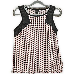 Sleeveless Tank / Dress top, white with red / black pattern, size Large (L)
